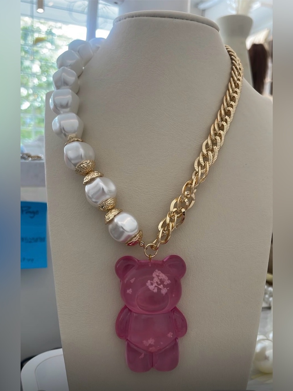 Gold Chain & Pink Bear Pendant Pearl Necklace NWOT